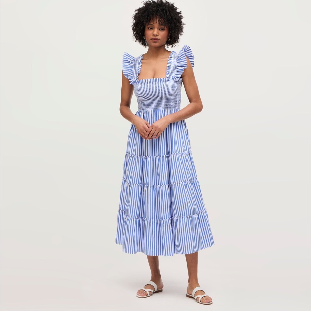 Hill House Ellie Nap Dress - Swiss white with blue polka dots.
